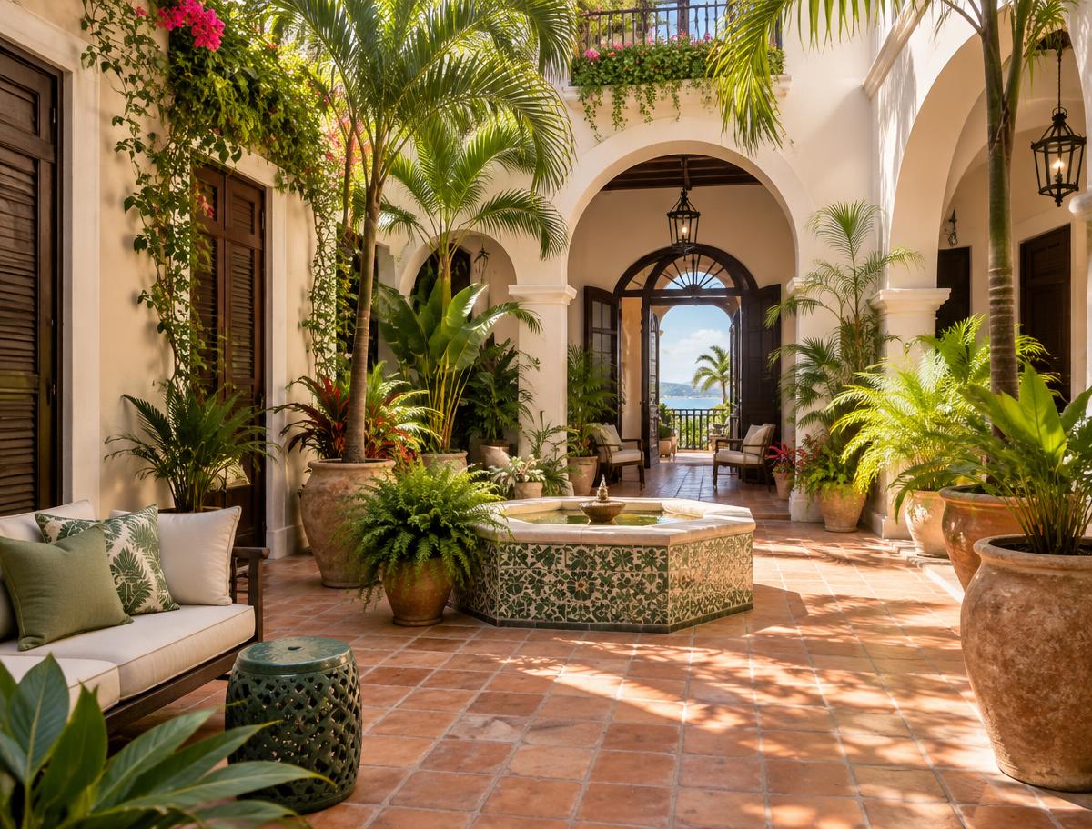 Sunlit tropical courtyard of a Puerto Rican home